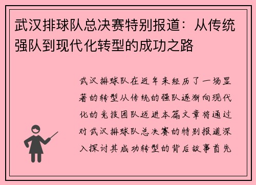 武汉排球队总决赛特别报道：从传统强队到现代化转型的成功之路